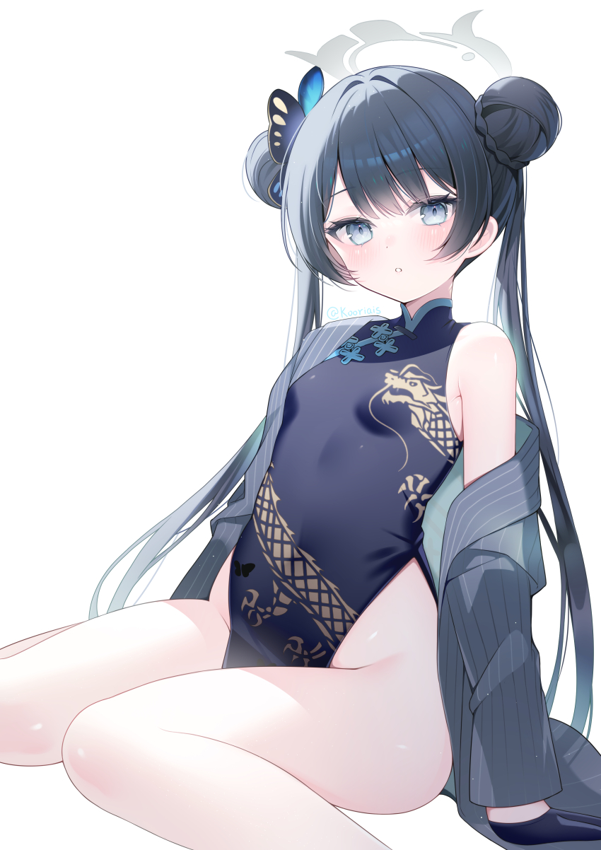 1girl, absurdres, arm_support, black_dress, black_gloves, black_hair, blue_archive, blush