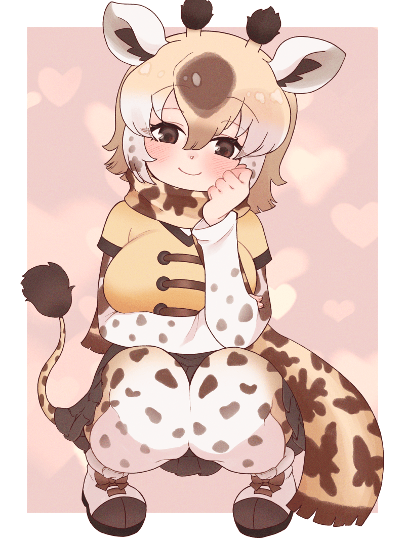 1girl, animal_ears, animal_print, blush, brown_eyes, brown_hair, brown_shoes, brown_skirt