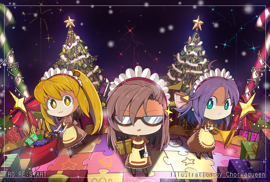 3girls, :3, aerial_fireworks, ahoge, apron, blonde_hair, blue_eyes, boots, box, bright_pupils, brown-framed_eyewear, brown_boots, brown_dress, brown_hair, candy, candy_cane, chibi, chibi_only, chorvaqueen, christmas, christmas_tree, clipboard, closed_mouth, commentary, curly_sue, dress, english_commentary, fireworks, food, frilled_apron, frills, full_body, gift, gift_box, glasses, gloves, holding, holding_clipboard, holding_gift, kafra_uniform, leilah_(ragnarok_online), long_hair, looking_at_viewer, maid, maid_headdress, multiple_girls, opaque_glasses, open_mouth, pavianne_(ragnarok_online), puffy_short_sleeves, puffy_sleeves, purple_hair, puzzle_piece, ragnarok_online, sack, semi-rimless_eyewear, short_sleeves, smile, sparkle, standing, twintails, under-rim_eyewear, white_gloves, white_pupils, yellow_eyes