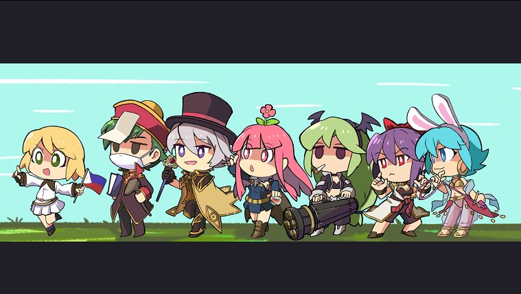 2boys, 5girls, alchemist_(ragnarok_online), animal_ears, bikini, black_coat, black_gloves, black_hat