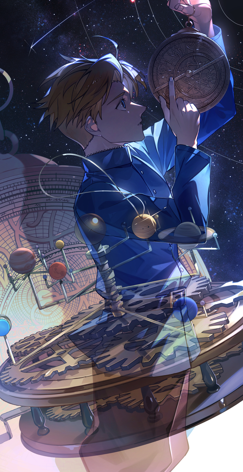 1boy, absurdres, astrolabe, belt, black_belt, blonde_hair, blue_eyes, blue_jacket, blue_pants, chi.:_chikyuu_no_undou_ni_tsuite, comet, feet_out_of_frame, from_side, gears, glint, highres, holding, jacket, jewelry, long_sleeves, looking_up, male_focus, nebula, necklace, orrery, pants, parted_lips, profile, rafal_(chi.), short_hair, solar_system, solo, space, standing, star_(sky), teeth, tsugutoku, undercut
