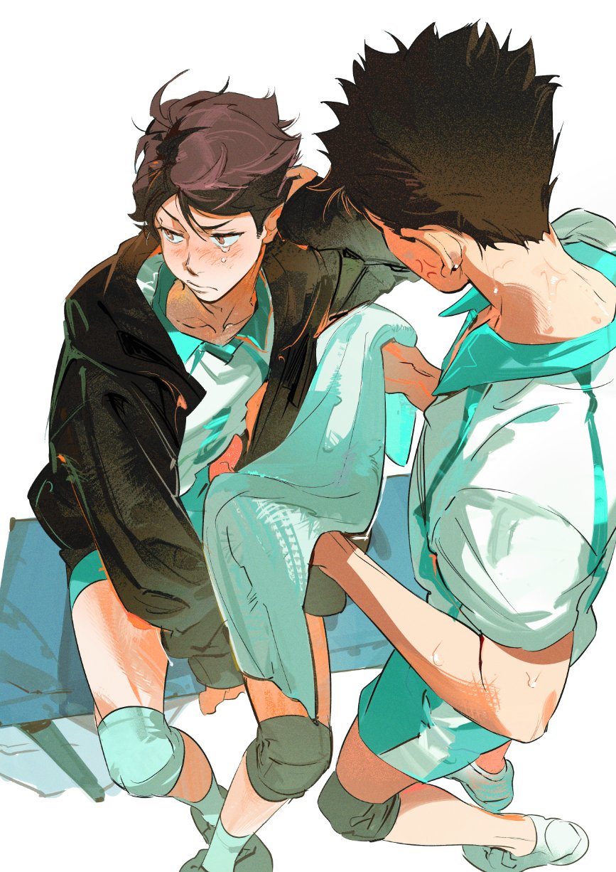 2boys, aoba_johsai_volleyball_uniform, arm_behind_head, arm_up, atie1225, bench, black_jacket, blue_shorts