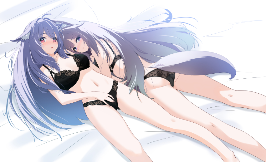 2girls, absurdres, ahoge, animal_ear_fluff, animal_ears, ass, bare_arms, bare_legs