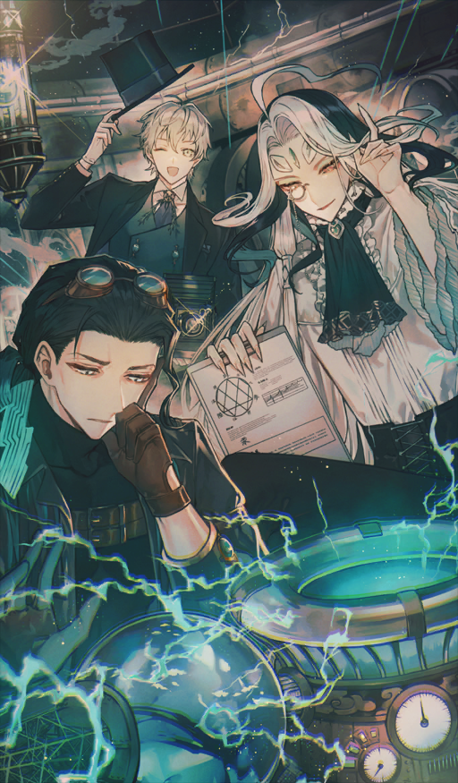 3boys, adjusting_hair, albino_(a1b1n0623), androgynous, aqua_hair, ascot, bellows_camera, black_ascot