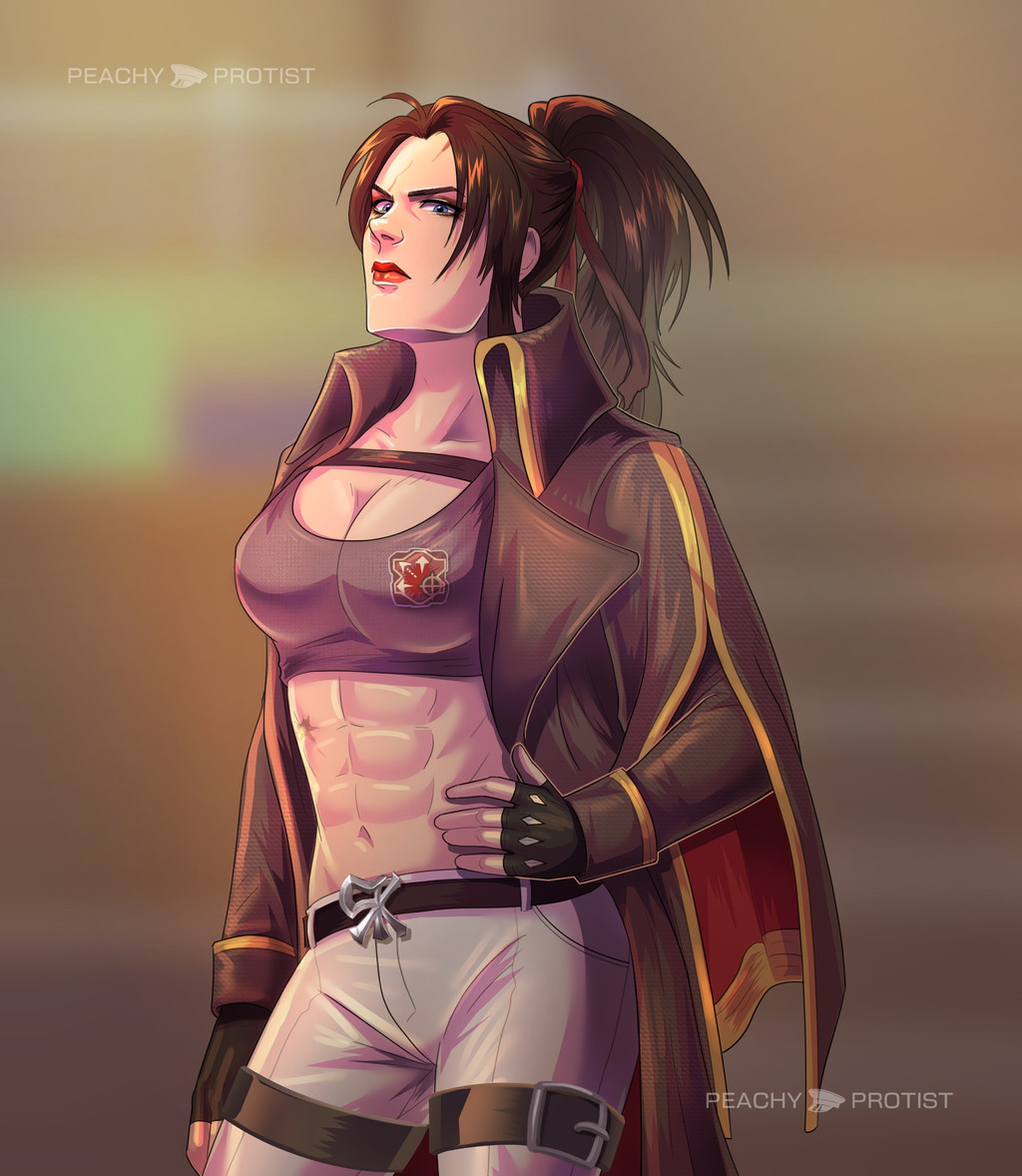 1girl, abs, belt, black_belt, black_gloves, blue_eyes, blurry, blurry_background, breasts, brown_background, brown_coat, brown_hair, brown_tank_top, cleavage, closed_mouth, coat, commentary, cowboy_shot, crop_top, elena_bolkova, emblem, english_commentary, english_text, fingerless_gloves, gloves, hair_tie, hand_on_own_hip, large_breasts, lips, long_hair, long_sleeves, looking_at_viewer, midriff, military_uniform, muscular, muscular_female, navel, open_clothes, open_coat, pants, peachyprotist, ponytail, ragnarok_online, rebellion_(ragnarok_online), solo, tank_top, v-shaped_eyebrows, white_pants
