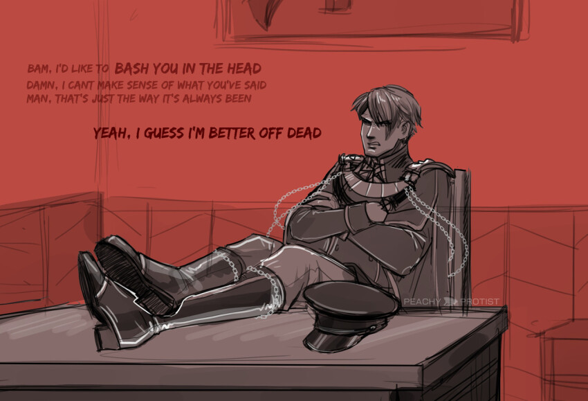 1boy, boots, chair, closed_mouth, coat, commentary, crossed_arms, desk