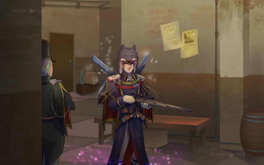 2boys, barrel, belt, bench, black_coat, black_hat, box, brown_belt