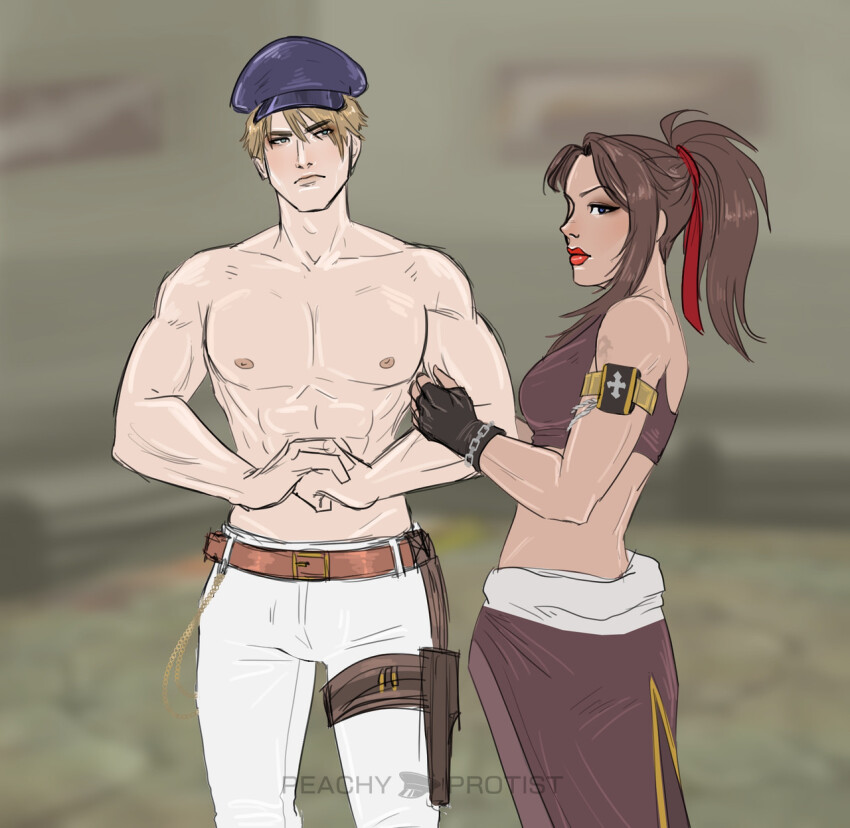 1boy, 1girl, abs, black_gloves, blue_eyes, breasts, brown_hair, brown_pants