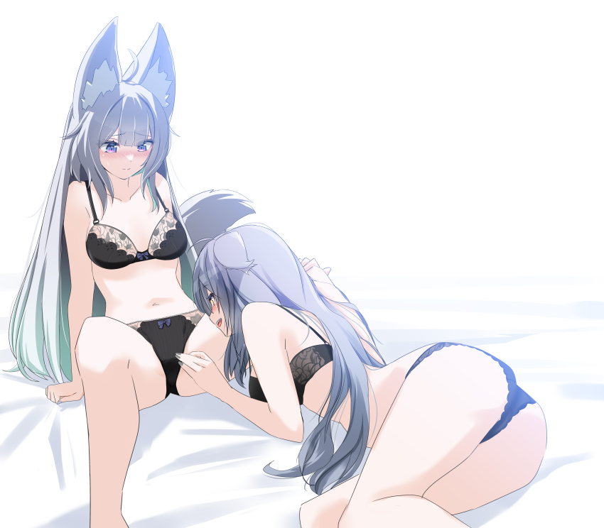 2girls, :d, absurdres, ahoge, animal_ear_fluff, animal_ears, arm_support, ass