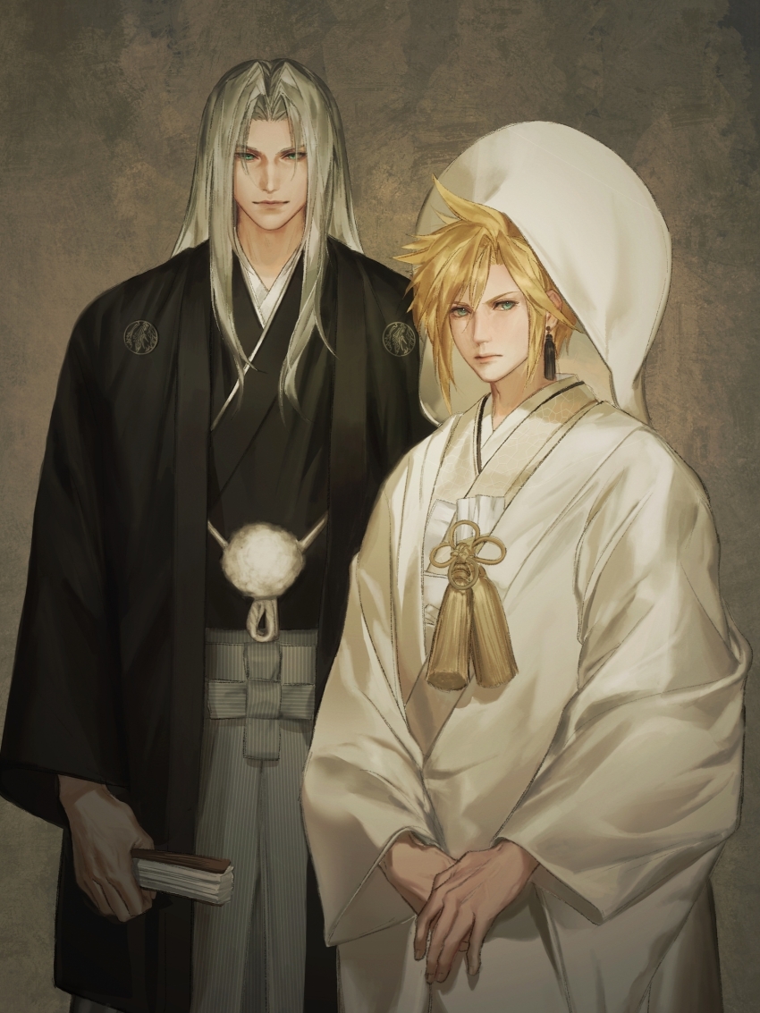 2boys, absurdres, black_haori, black_kimono, black_sleeves, blonde_hair, bride, closed_mouth