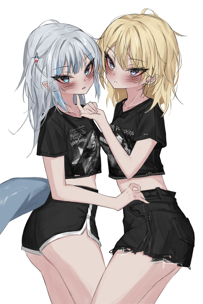 2girls, absurdres, akarinnndesu, alternate_costume, black_shirt, black_shorts, blonde_hair, blue_eyes, blue_hair, blush, dolphin_shorts, fins, fish_tail, gawr_gura, grey_hair, highres, hololive, hololive_english, looking_at_viewer, medium_hair, multicolored_hair, multiple_girls, open_mouth, shark_girl, shark_tail, shirt, shorts, smashing_pumpkins, solo, streaked_hair, tail, virtual_youtuber, watson_amelia