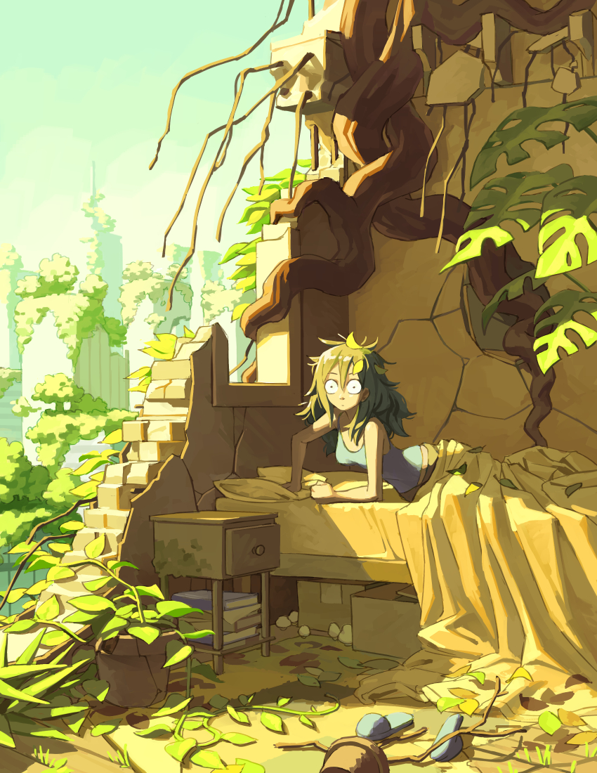 1girl, 2025, absurdres, blue_sky, book, book_stack, closed_mouth, commentary