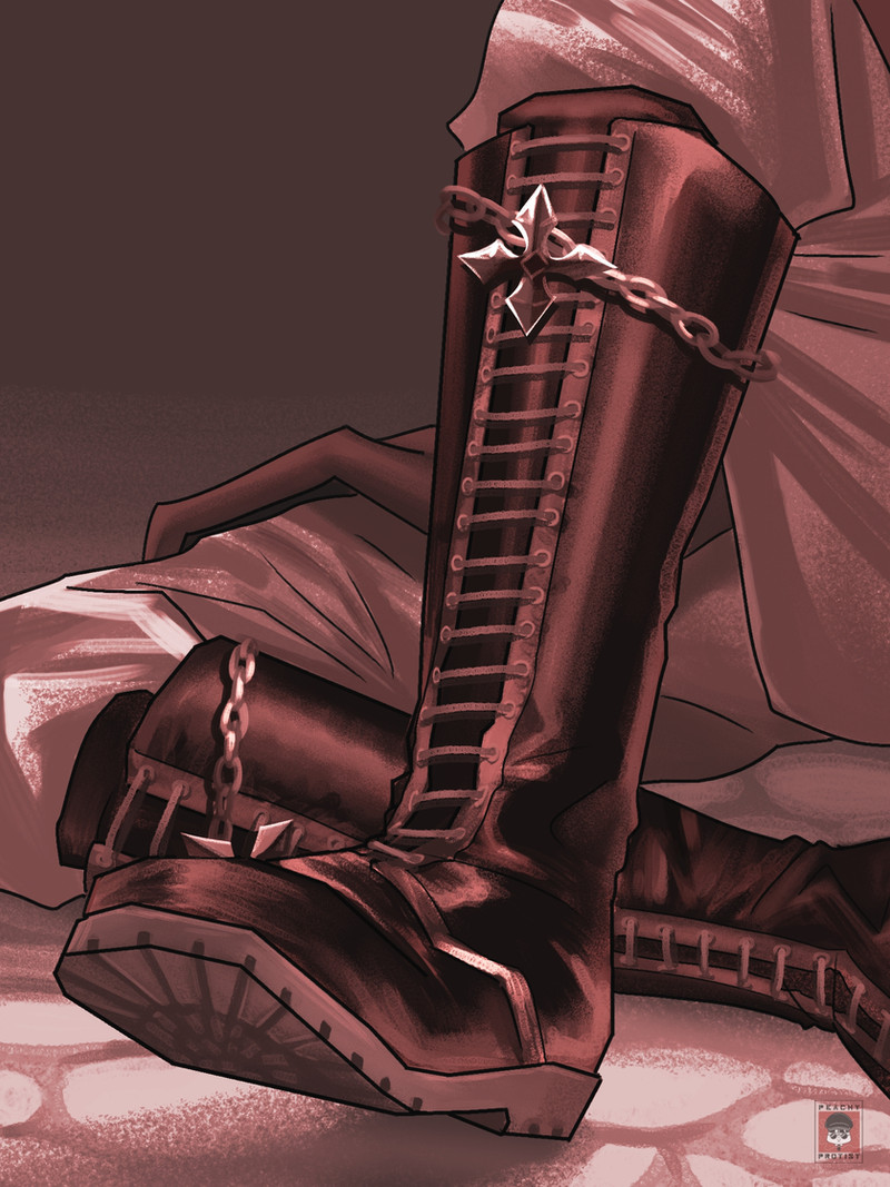 1boy, boots, brown_theme, chain, commentary, english_commentary, footwear_focus, lace-up_boots