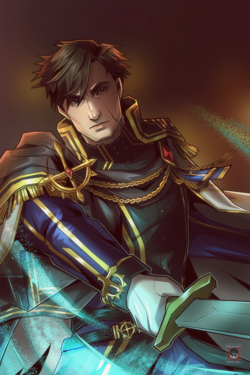 1boy, absurdres, black_coat, black_eyes, black_hair, brown_background, closed_mouth, coat