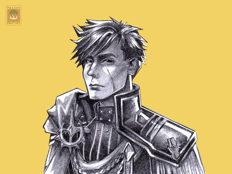 1boy, closed_mouth, coat, commentary, english_commentary, epaulettes, facial_scar, greyscale_with_colored_background