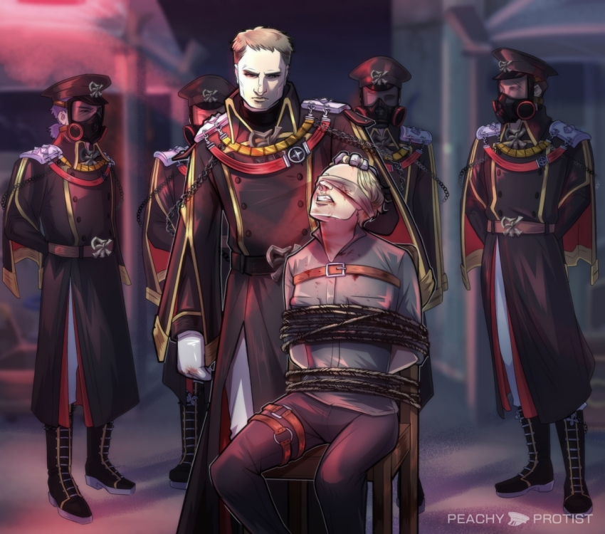 5boys, arms_behind_back, black_boots, black_coat, black_hat, blindfold, blonde_hair, blood, blood_on_face, blurry, boots, bound, bound_arms, buttons, chain, chair, coat, commentary, double-breasted, emblem, english_commentary, epaulettes, feet_out_of_frame, full_body, gas_mask, gloves, gold_trim, grey_hair, grey_shirt, hat, interrogation, looking_at_another, male_focus, mask, military_hat, military_uniform, multiple_boys, pants, pants_tucked_in, peachyprotist, peaked_cap, ragnarok_online, rebellion_(ragnarok_online), shirt, short_bangs, short_hair, sitting, standing, tied_up_(nonsexual), white_gloves, white_pants