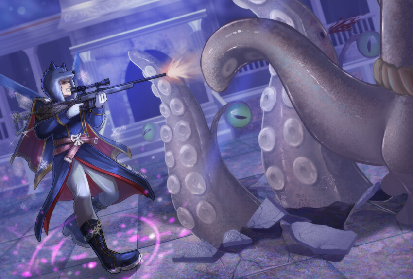 1boy, belt, black_boots, black_coat, boots, brown_belt, castle, chain