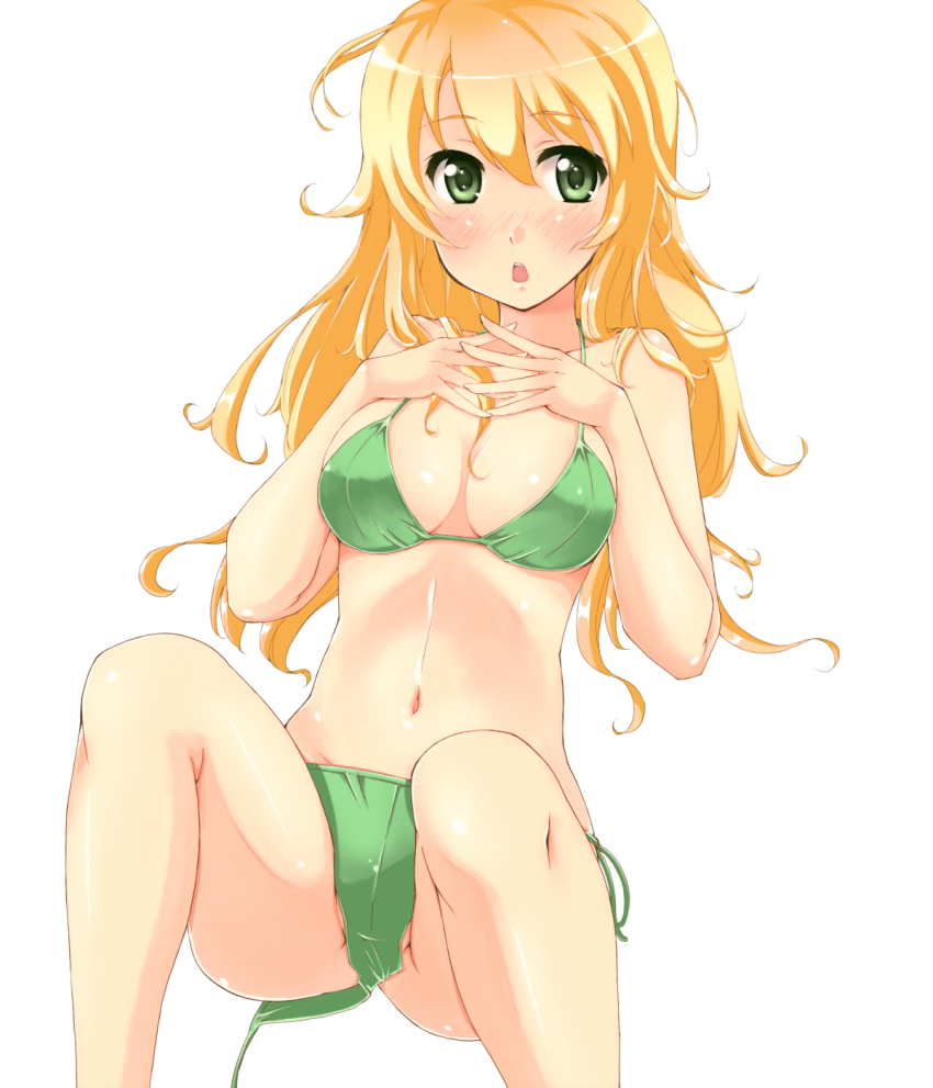 1girl, aoi2410, bikini, blonde_hair, blush, breasts, cleavage, female_focus, green_bikini, green_eyes, highres, hoshii_miki, idolmaster, idolmaster_(classic), long_hair, sitting, solo, swimsuit
