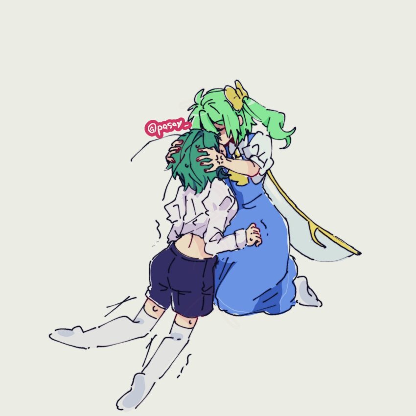 2girls, anger_vein, antennae, ascot, blue_dress, blue_shorts, bobotatamu, bow