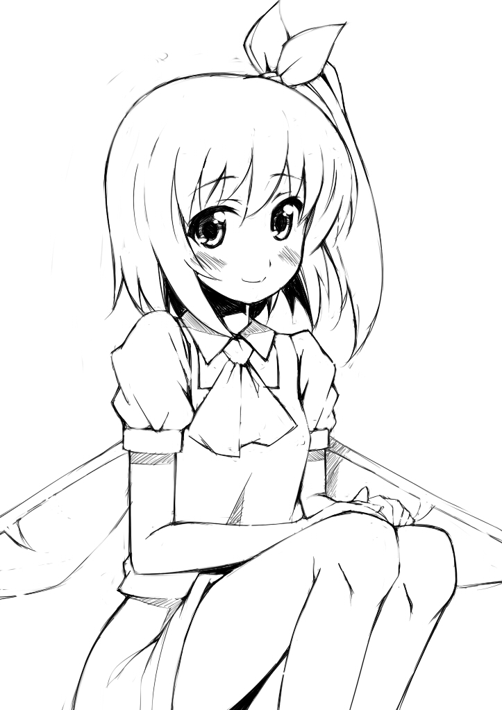 1girl, aoi2410, blush, daiyousei, female_focus, greyscale, monochrome, ponytail