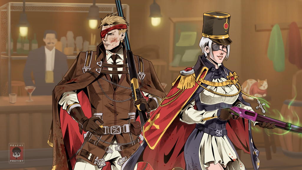 1girl, 2boys, bar_(place), barrel, bartender, black_hat, black_skirt, blonde_hair