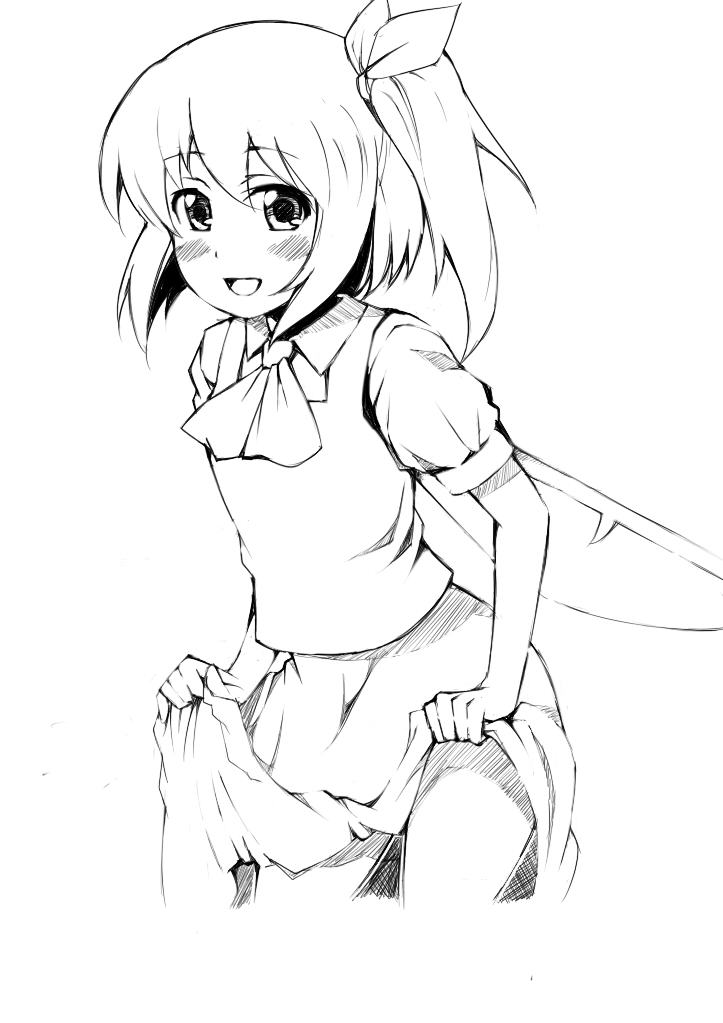 1girl, aoi2410, blush, daiyousei, female_focus, greyscale, monochrome, side_ponytail