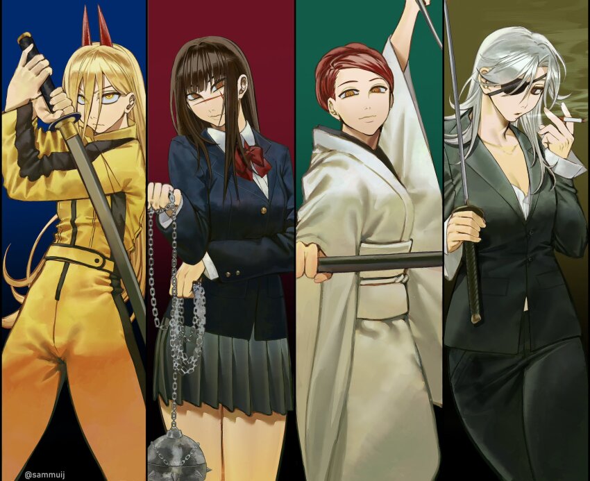 4girls, ball_and_chain_(weapon), beatrix_kiddo, beatrix_kiddo_(cosplay), black_jacket, black_pants, blazer, blonde_hair
