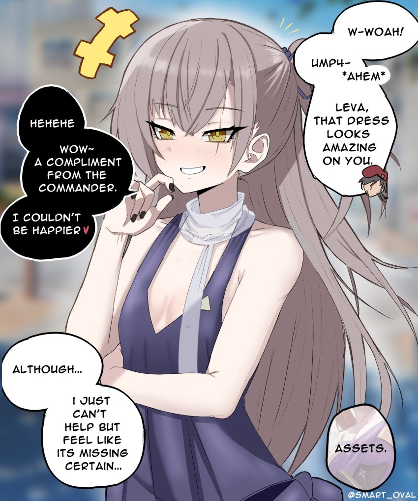 1girl, absurdres, bare_shoulders, black_nails, blurry, blurry_background, breasts, cleavage