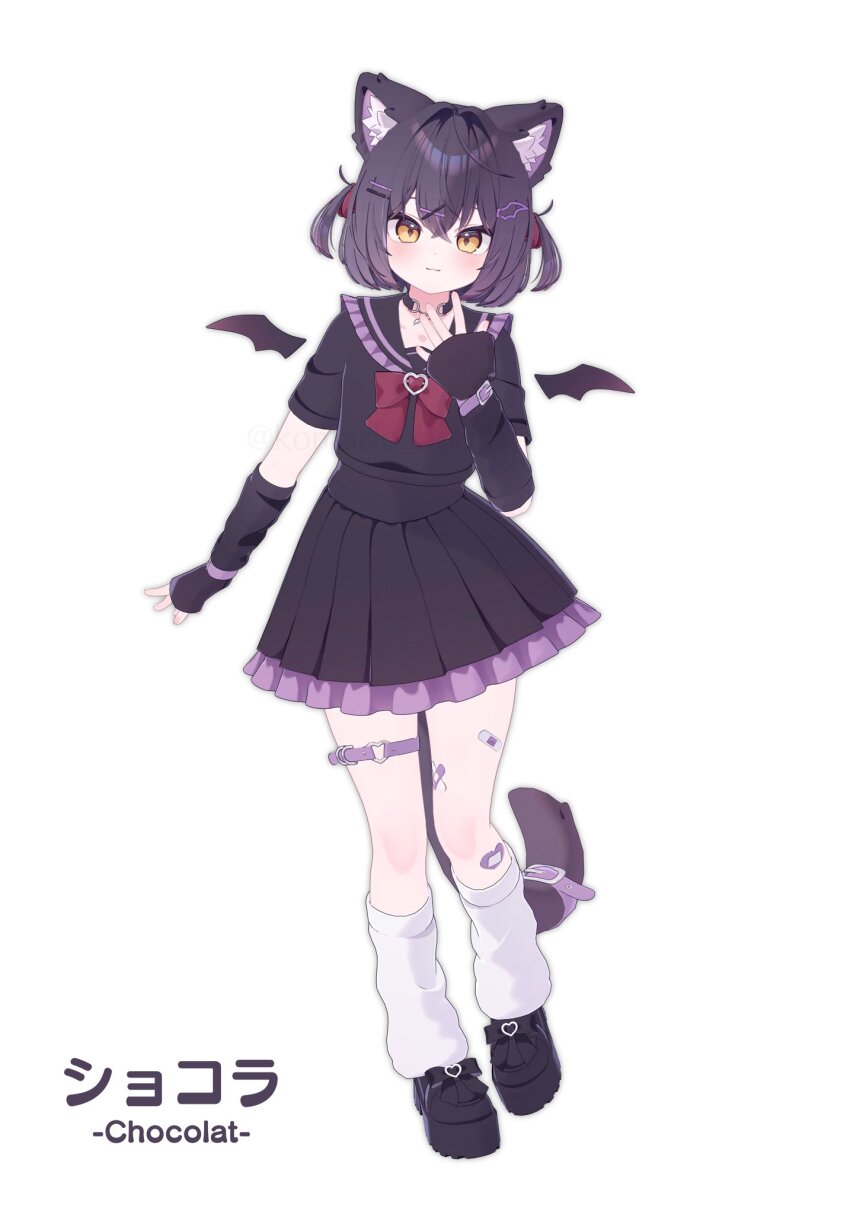 1girl, :3, animal_ear_fluff, animal_ears, arm_warmers, artist_name, bandaid, bandaid_on_knee