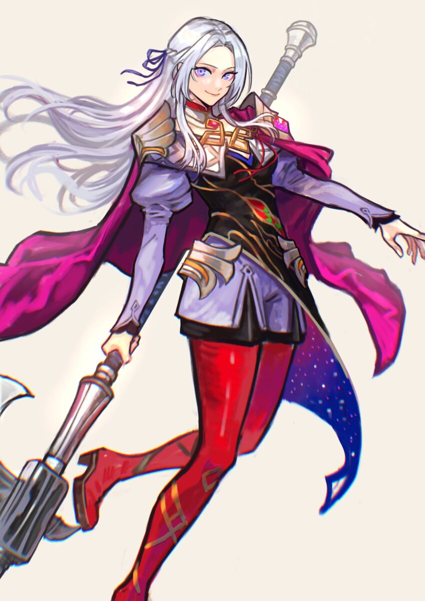 1girl, alternate_costume, axe, cape, edelgard_von_hresvelg, edelgard_von_hresvelg_(resplendent), fire_emblem, fire_emblem:_three_houses, forehead, highres, holding, holding_axe, holding_weapon, juliet_sleeves, long_hair, long_sleeves, looking_at_viewer, nintendo, pantyhose, puffy_sleeves, purple_cape, purple_eyes, purple_ribbon, red_pantyhose, ribbon, sethkiel, simple_background, solo, weapon, white_background