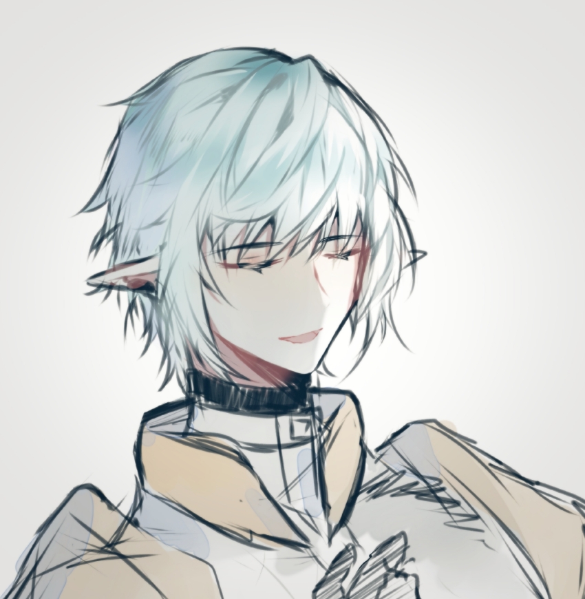 1boy, :d, armor, black_gloves, chinese_commentary, closed_eyes, elezen, elf