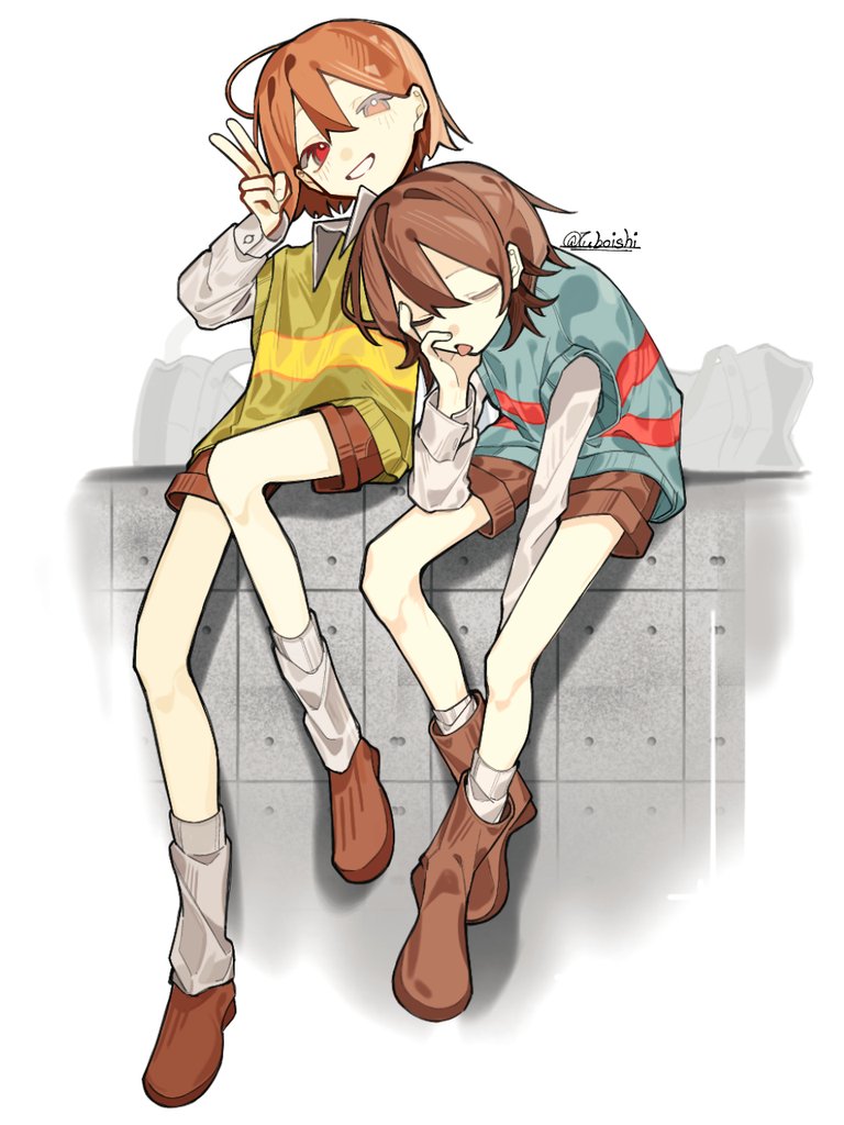 2others, ahoge, ankle_boots, arm_between_legs, blue_sweater_vest, bob_cut, boots, brown_boots