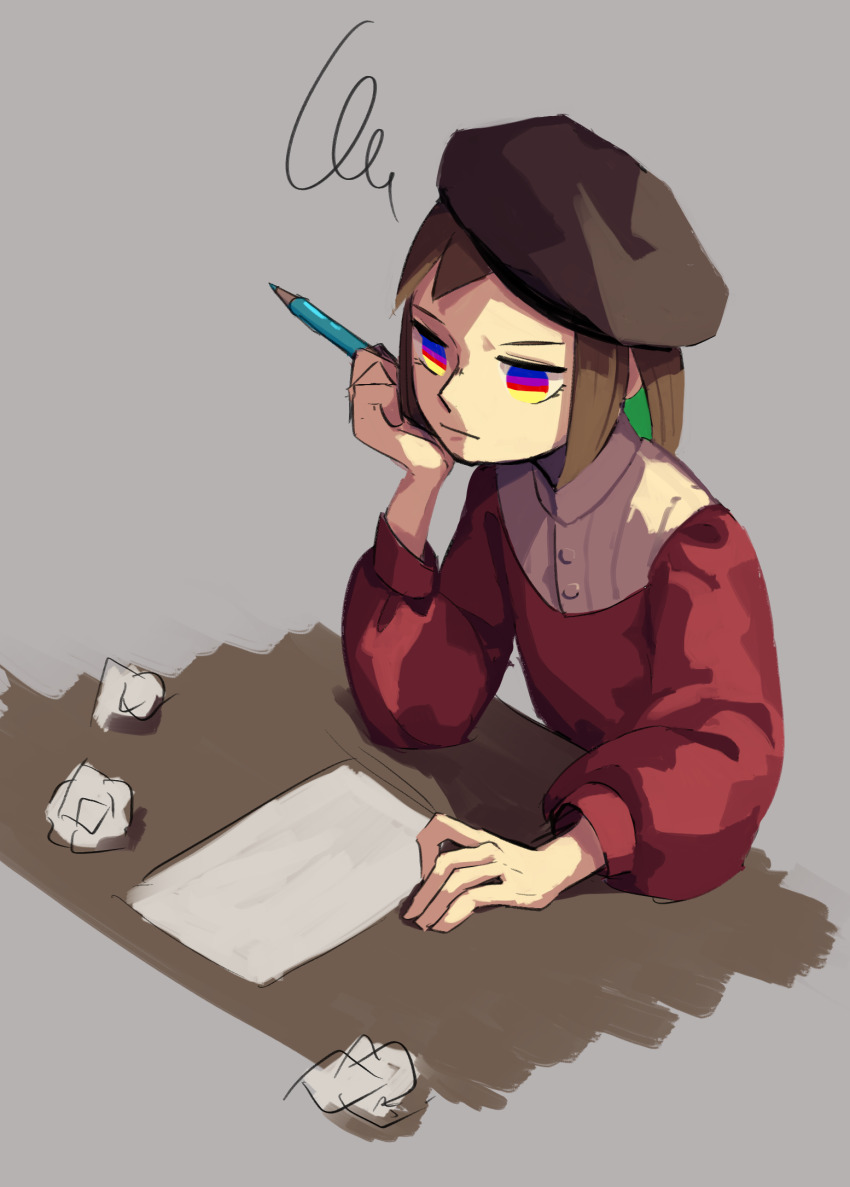 1boy, arm_on_table, beret, between_fingers, black_hat, brown_hair, buttons, closed_mouth