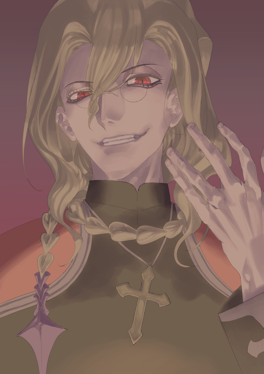 1boy, anjin, blonde_hair, braid, braided_ponytail, cross, cross_necklace, evil_grin