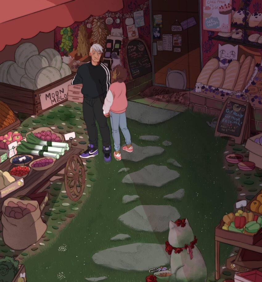 1boy, 1girl, asymmetrical_hair, baguette, bakery, berry, black_jacket, black_pants