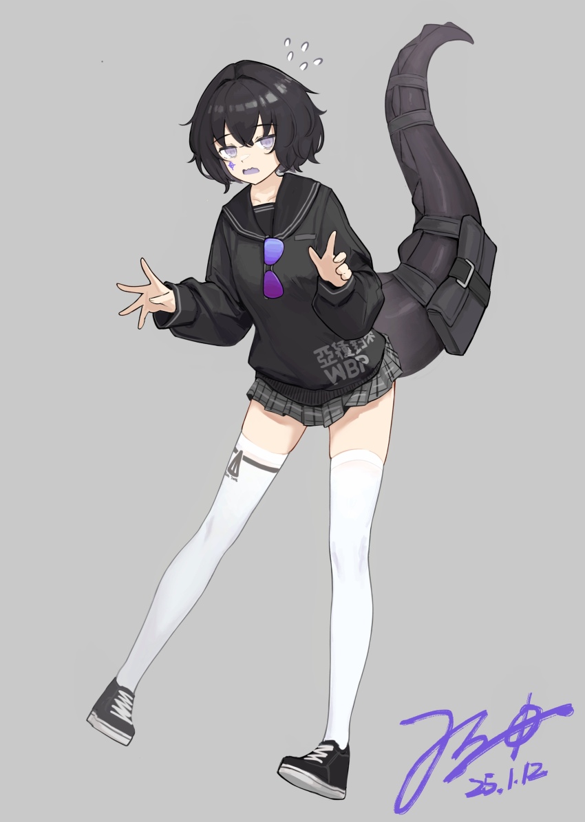 1girl, absurdres, black_hair, black_sailor_collar, black_shoes, black_tail, blue-tinted_eyewear, clothes_writing