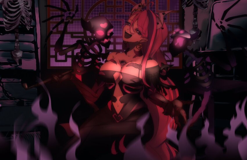 1girl, ahoge, black_dress, black_sleeves, breasts, dress, earrings, gedraji