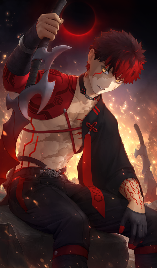 1boy, abs, alter_servant, alternate_universe, angra_mainyu_(fate), belt, black_belt, black_choker