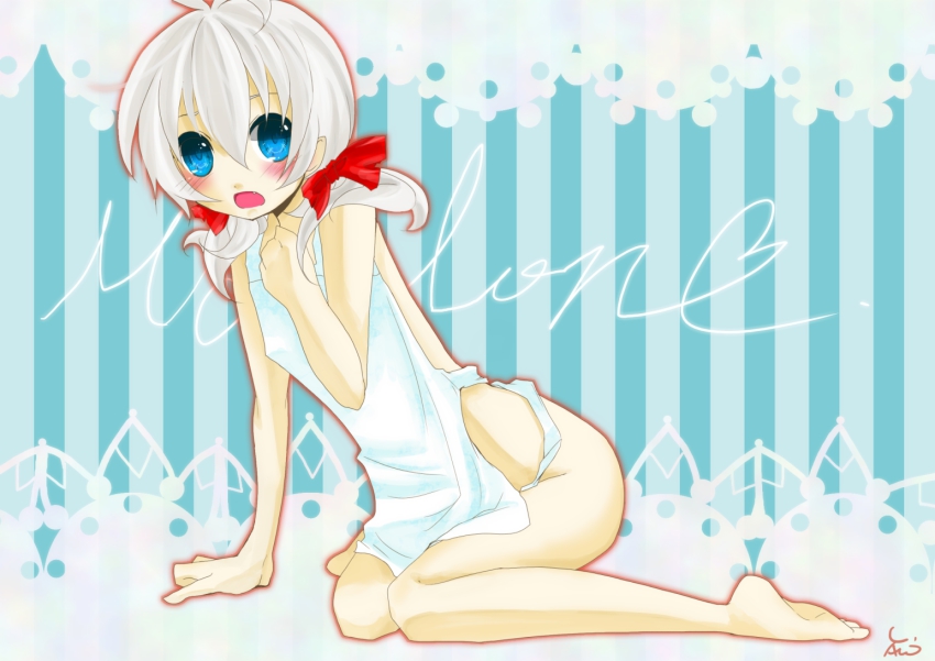 10s, 1boy, 30-sai_no_hoken_taiiku, apron, barefoot, blue_eyes, blush, covered_erect_nipples