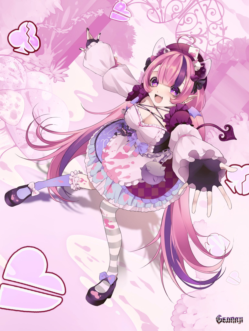 1girl, ahoge, apron, artist_name, asymmetrical_legwear, black_gloves, black_shoes, bow, breasts, bright_pupils, broken_heart, bubi_(ironmouse), chain, cleavage, club_(shape), demon_girl, demon_horns, demon_tail, earrings, fingerless_gloves, footwear_bow, gedraji, gloves, hat, heart, heart_ahoge, highres, horns, ironmouse, ironmouse_(wonderland_reject), jewelry, multicolored_hair, open_mouth, pink_hair, pointy_ears, purple_hair, purple_hat, shoes, solo, streaked_hair, striped_clothes, striped_thighhighs, tail, thighhighs, virtual_youtuber, vshojo, white_apron, white_pupils