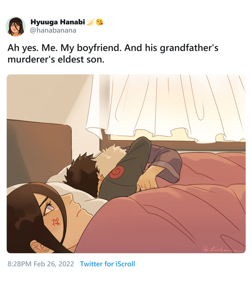 1girl, 2boys, 500_dollar_four_foot_tall_mareep_(meme), anger_vein, annoyed, bed, black_hair, blanket, boruto:_naruto_next_generations, brown_hair, cheating_(relationship), closed_mouth, commentary, curtains, english_commentary, english_text, frown, hair_between_eyes, highres, hug, hyuuga_hanabi, log_(naruto), meme, multiple_boys, naruto_(series), pillow, purple_eyes, sarutobi_konohamaru, steohsama, twitter_username, white_hair, yaoi