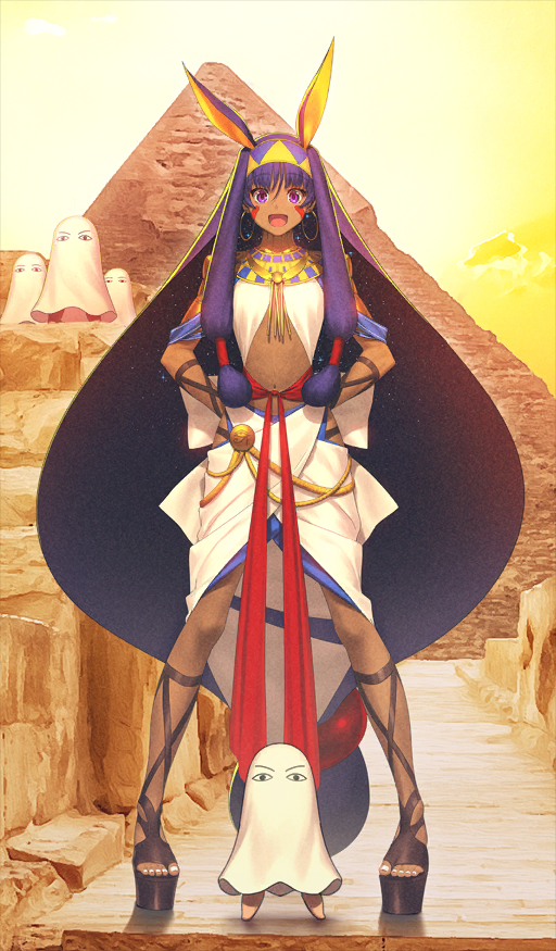 1girl, ancient_egyptian_clothes, animal_ears, brown_sandals, commentary, creature, dark-skinned_female, dark_skin, earrings, extra_ears, fate/grand_order, fate_(series), full_body, gold_earrings, hair_tie, hands_on_own_hips, headband, hoop_earrings, jewelry, long_hair, looking_at_viewer, low-tied_long_hair, low-tied_sidelocks, markings_on_cheeks, medjed_(fate), navel, nitocris_(fate), nitocris_(tour_outfit)_(fate), no_socks, official_art, open_mouth, outdoors, photo_background, platform_sandals, purple_eyes, purple_hair, pyramid_(structure), rabbit_ears, red_sash, sandals, sash, shima_udon, shirt, sidelocks, skirt, smile, solo, standing, third-party_source, toenails, very_long_hair, white_nails, white_shirt, white_skirt, yellow_headband