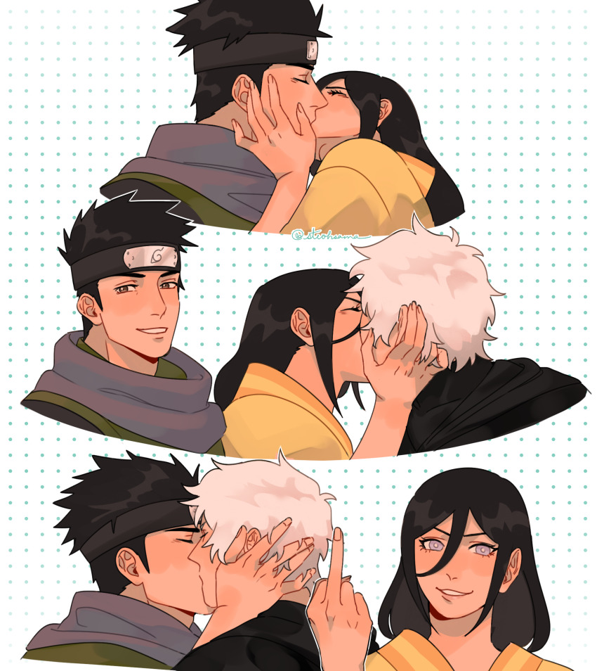 1girl, 2boys, bisexual_male, black_hair, black_headband, boruto:_naruto_next_generations, brown_eyes, commentary, elite_throuple_kiss_(meme), english_commentary, forehead_protector, headband, highres, hyuuga_hanabi, japanese_clothes, konohagakure_symbol, log_(naruto), meme, middle_finger, multiple_boys, naruto_(series), purple_eyes, sarutobi_konohamaru, signature, steohsama, white_hair