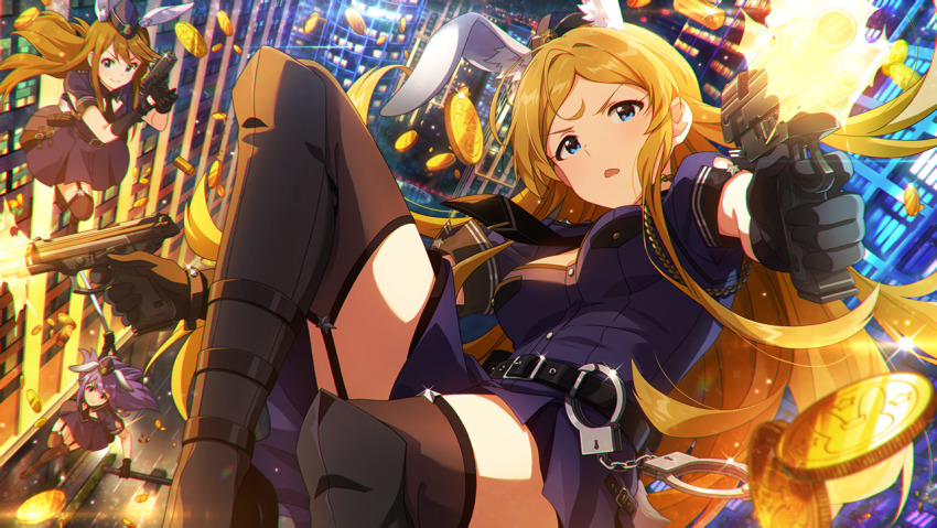 3girls, animal_ears, anime_coloring, black_boots, black_gloves, black_necktie, blonde_hair, blue_eyes