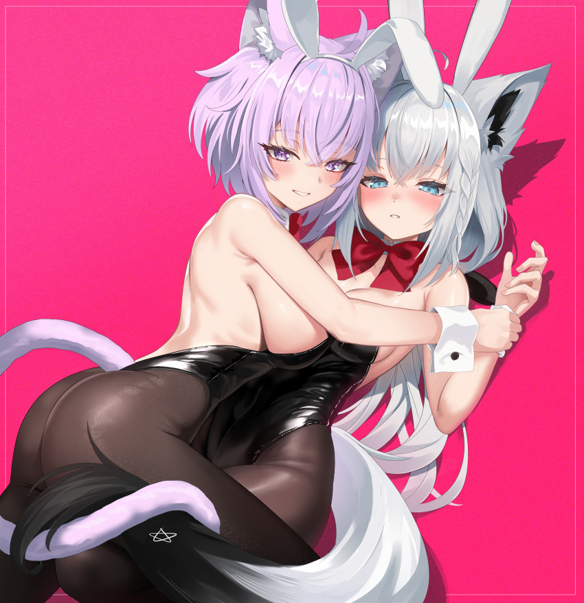 2girls, absurdres, alternate_costume, animal_ear_fluff, animal_ear_hairband, animal_ears, back, black_leotard