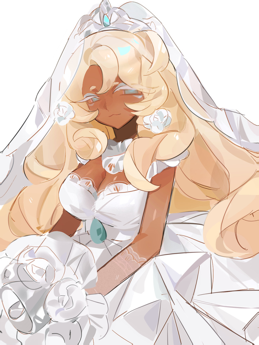 1girl, :3, bridal_veil, cookie_run, cookie_run:_kingdom, dark-skinned_female, dark_skin, dress, highres, long_hair, mozzarella_cookie, mozzarella_cookie_(cheesin'_beyond_the_veil), official_alternate_costume, q622130598, solo, veil, wedding_dress, white_dress, white_veil