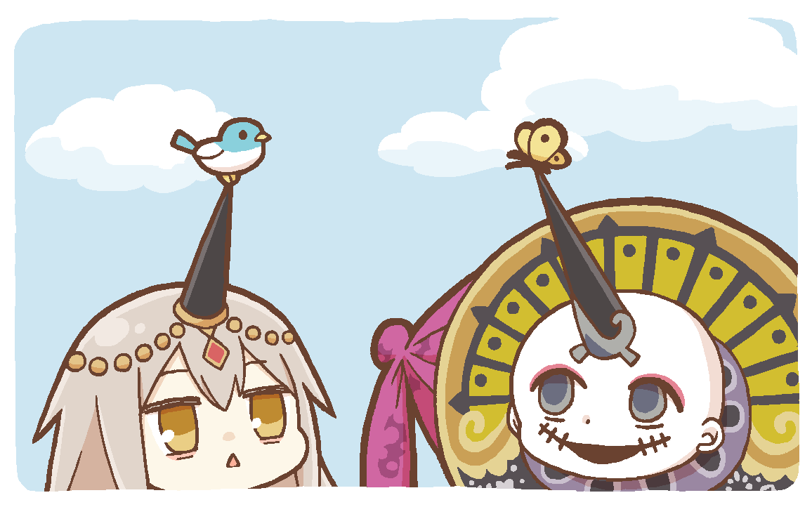 2girls, bald, bird_on_horn, blue_sky, border, butterfly_on_horn, chibi, cloud