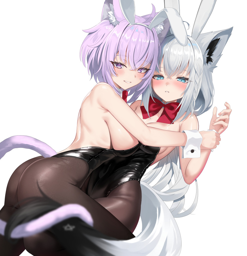 2girls, absurdres, alternate_costume, animal_ear_fluff, animal_ear_hairband, animal_ears, back, black_leotard, black_pantyhose, blue_eyes, blush, breasts, bunny_girl_(akasaki), cat_ears, cat_girl, cat_tail, cleavage, commentary_request, detached_collar, fake_animal_ears, fox_ears, fox_girl, fox_tail, hair_between_eyes, hairband, highleg, highleg_leotard, highres, holding_another's_wrist, hololive, kumarang, large_breasts, leotard, long_hair, looking_at_viewer, lying, medium_hair, multiple_girls, nekomata_okayu, on_back, pantyhose, parted_lips, playboy_bunny, purple_eyes, purple_hair, rabbit_ear_hairband, rabbit_ears, shirakami_fubuki, short_hair, sideboob, simple_background, strapless, strapless_leotard, tail, virtual_youtuber, white_background, white_hair, wrist_cuffs