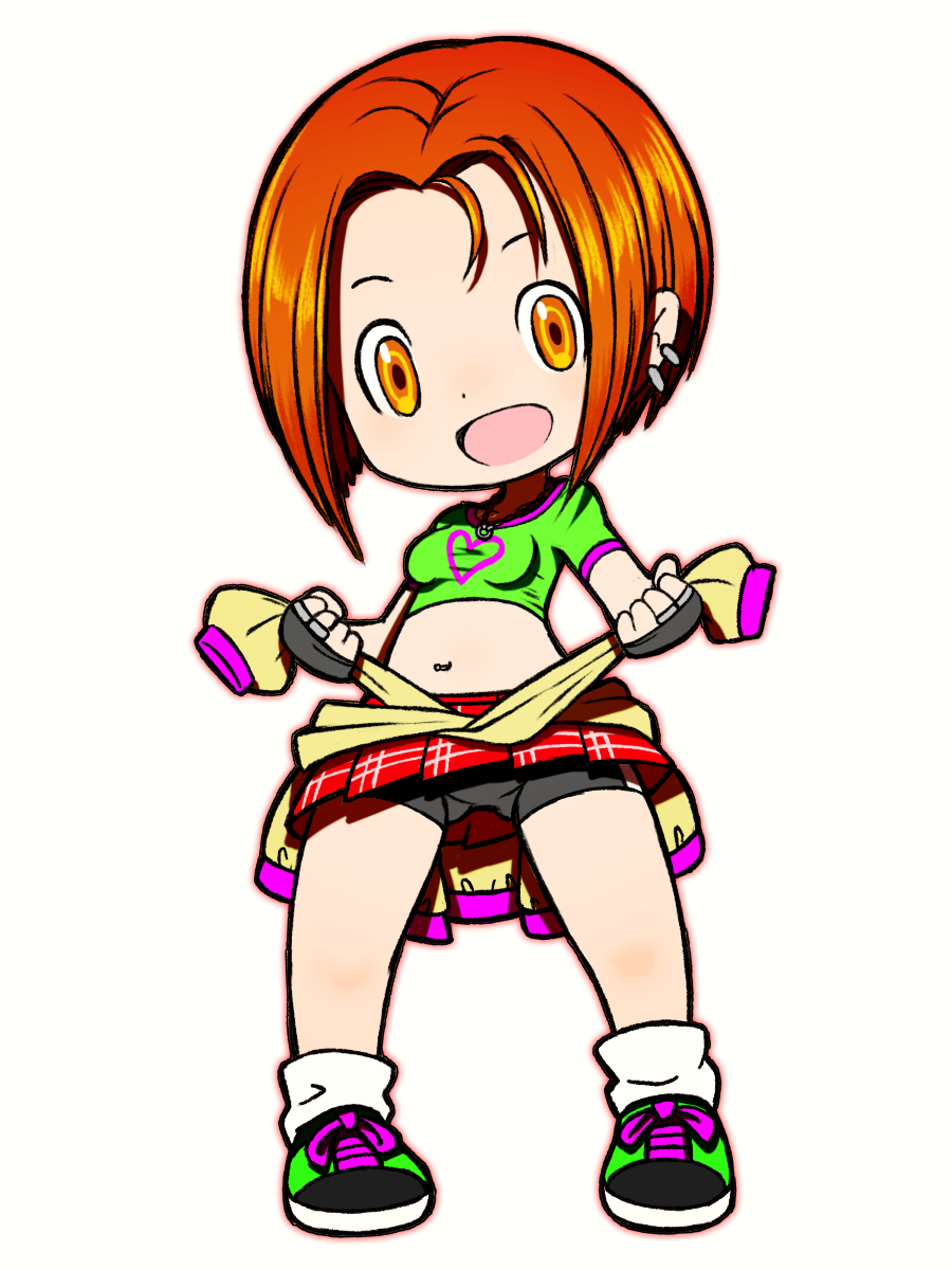 1girl, :d, beeru_(veil8801), bike_shorts, bike_shorts_under_skirt, black_gloves, breasts, clothes_around_waist, crop_top, cropped_shirt, deformed, earrings, fingerless_gloves, full_body, gloves, gluteal_fold, green_shirt, highres, jewelry, legs_apart, medium_breasts, miniskirt, moe_habana, navel, navel_piercing, necklace, open_mouth, orange_eyes, orange_hair, piercing, pleated_skirt, red_skirt, shirt, shoes, short_hair, short_sleeves, simple_background, skirt, smile, socks, solo, standing, the_king_of_fighters, the_king_of_fighters_ex, white_background, white_socks