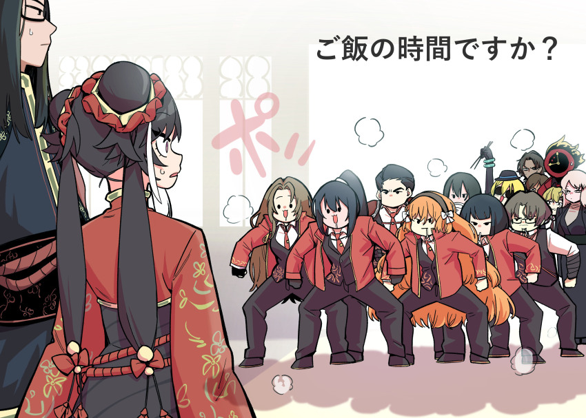 1other, 6+boys, 6+girls, absurdres, black_gloves, black_hair, black_hat, black_pants, blonde_hair, bracelet, brother_and_sister, brown_hair, brown_hairband, chinese_clothes, chopsticks, cigarette, cinq_association_east_uniform, clock, commentary, dante_(limbus_company), don_quixote_(project_moon), double_bun, drooling, faust_(project_moon), glasses, gloves, gregor_(project_moon), grey_hair, hair_bun, hairband, hat, heathcliff_(project_moon), highres, holding, holding_chopsticks, hong_lu_(project_moon), ishmael_(project_moon), jacket, jewelry, jia_xichun_(project_moon), limbus_company, liu_association_south_uniform, long_hair, mayic11, meursault_(project_moon), mouth_hold, multiple_boys, multiple_girls, necktie, orange_hair, outis_(project_moon), pants, pink_eyes, ponytail, project_moon, red_jacket, red_necktie, red_sleeves, rodion_(project_moon), ryoshu_(project_moon), siblings, sinclair_(project_moon), sweatdrop, untranslatable_commentary, translation_request, twintails, wei_(project_moon), yi_sang_(project_moon)